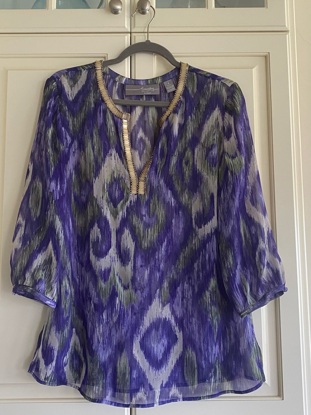 Chico's Purple Ikat Split-Neck Tunic with Gold Trim